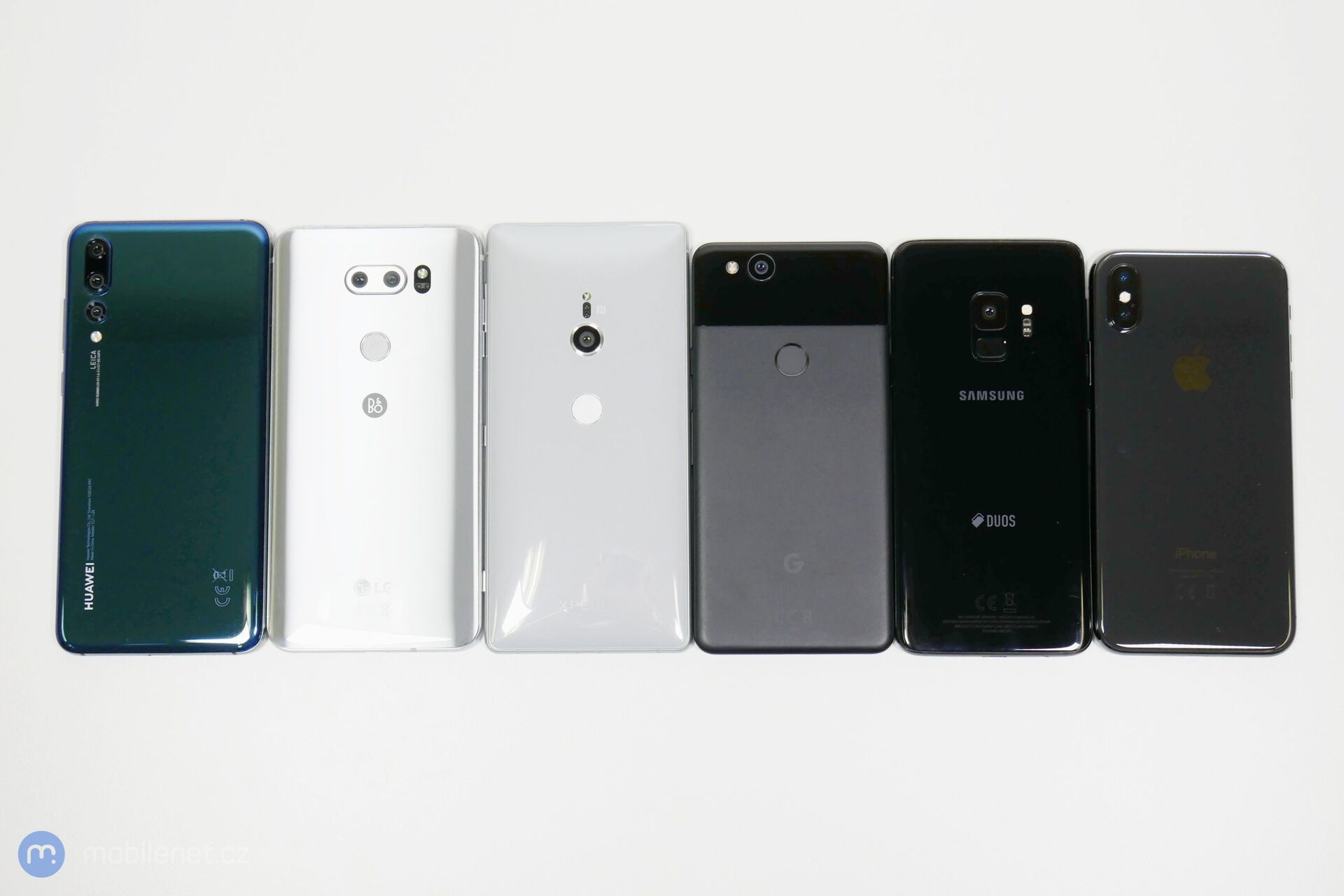 Apple iPhone X, Google Pixel 2, Huawei P20 Pro, LG V30, Samsung Galaxy S9 a Sony Xperia XZ