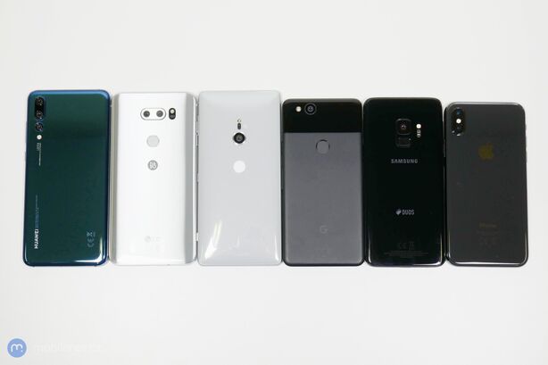 Apple iPhone X, Google Pixel 2, Huawei P20 Pro, LG V30, Samsung Galaxy S9 a Sony Xperia XZ