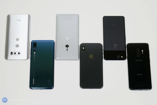Apple iPhone X, Google Pixel 2, Huawei P20 Pro, LG V30, Samsung Galaxy S9 a Sony Xperia XZ
