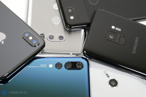 Apple iPhone X, Google Pixel 2, Huawei P20 Pro, LG V30, Samsung Galaxy S9 a Sony Xperia XZ