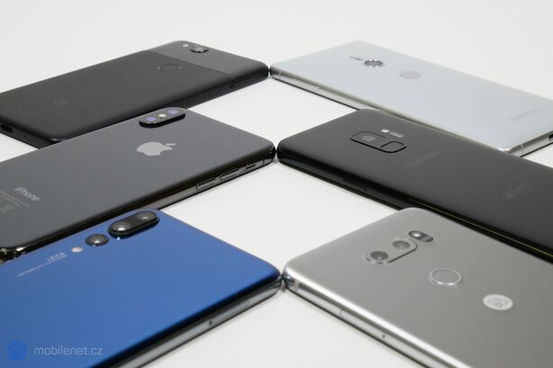 Apple iPhone X, Google Pixel 2, Huawei P20 Pro, LG V30, Samsung Galaxy S9 a Sony Xperia XZ