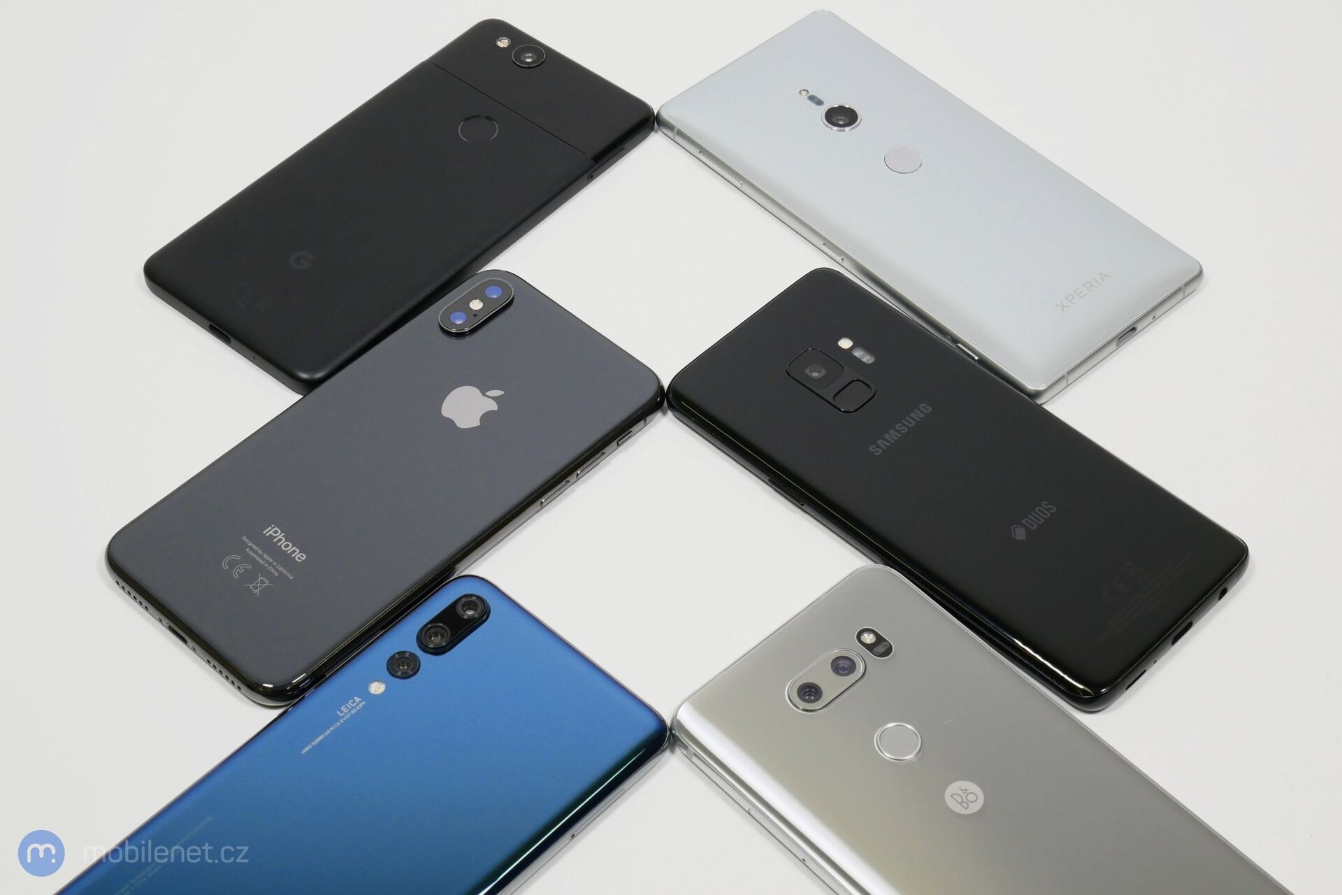 Apple iPhone X, Google Pixel 2, Huawei P20 Pro, LG V30, Samsung Galaxy S9 a Sony Xperia XZ