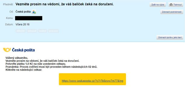Česká pošta - falešný mail
