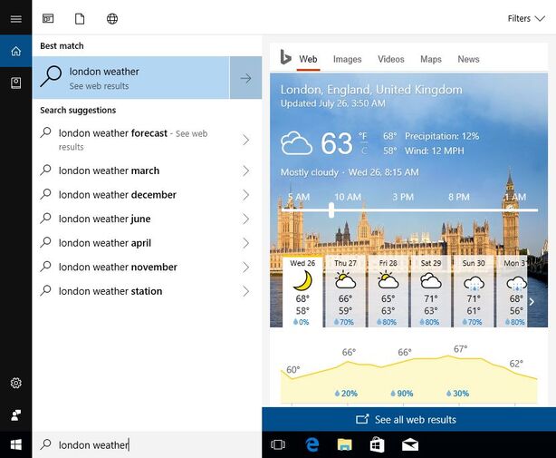 Cortana vyhledávání na webu