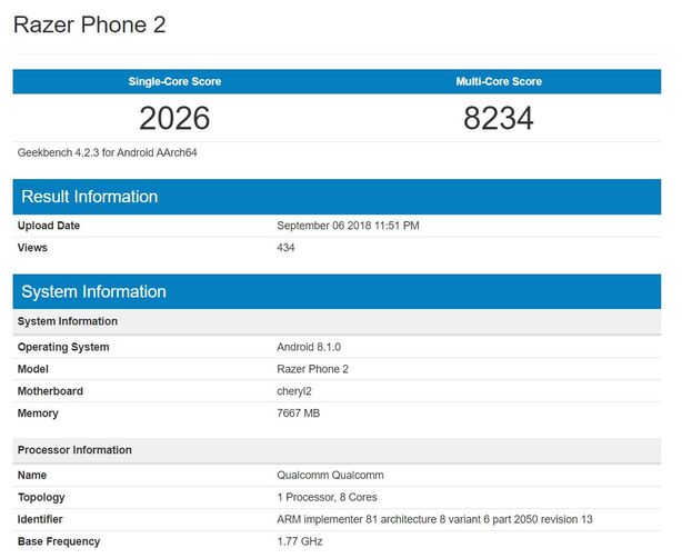 Geekbench Razer Phone 2