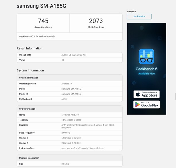 Geekbench Samsung Galaxy A18