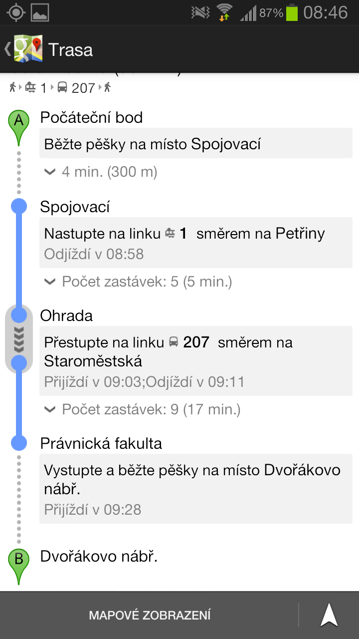 Google navigace v pražské MHD