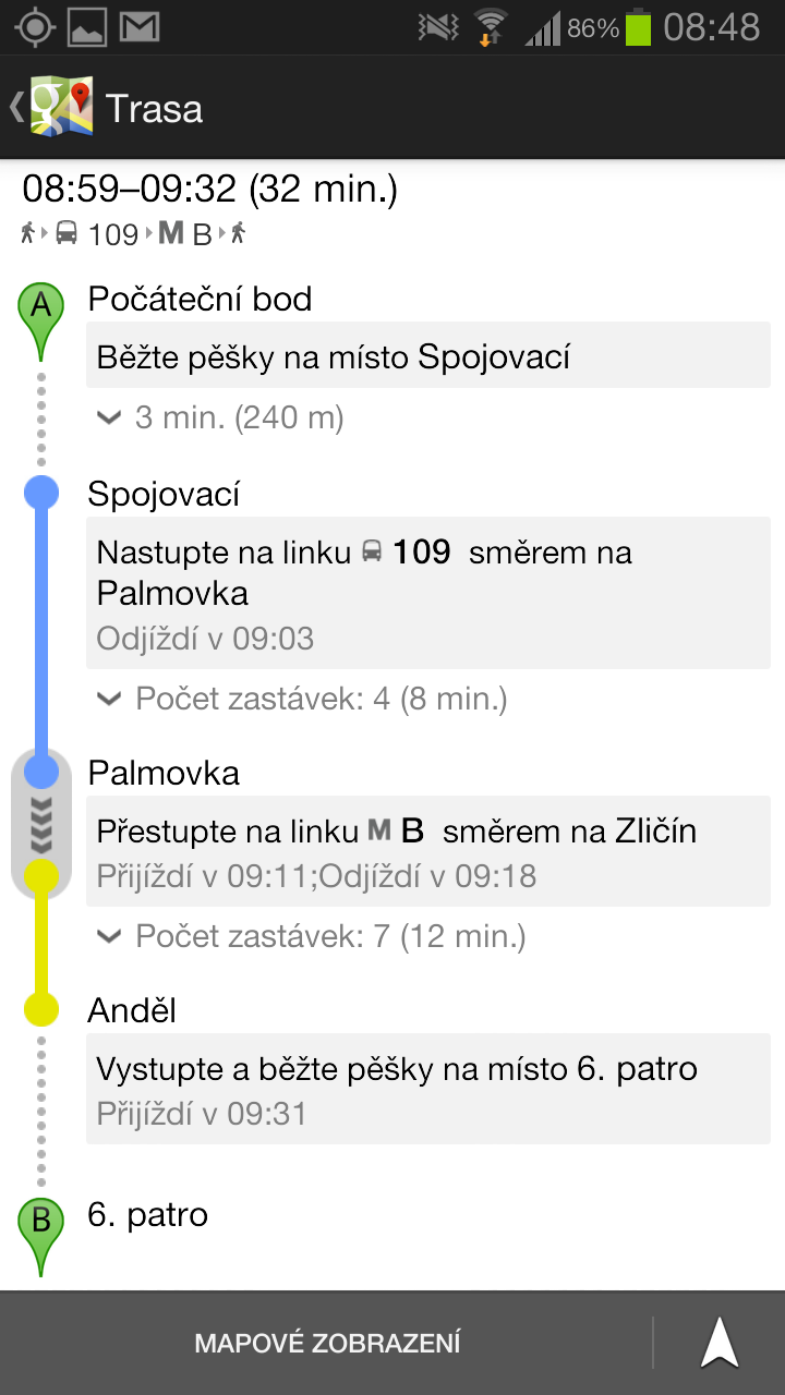 Google navigace v pražské MHD