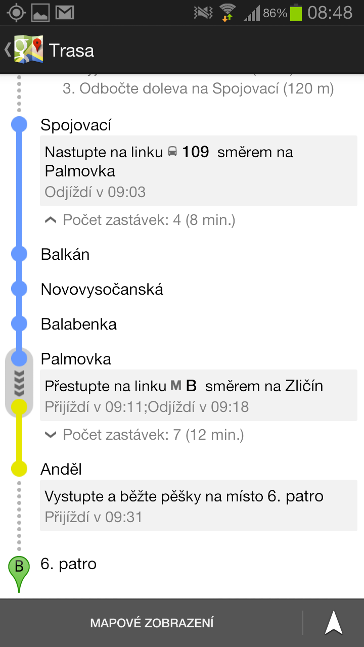 Google navigace v pražské MHD