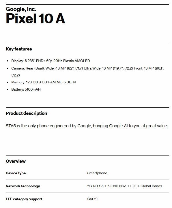 Google Pixel 10a