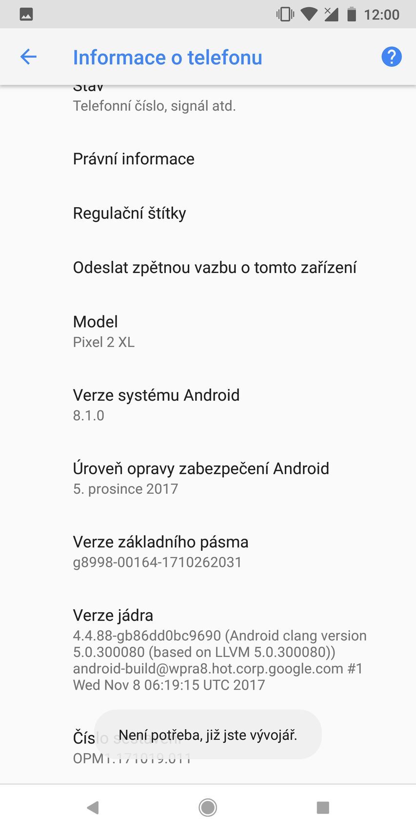 Google Pixel 2 XL - Nastavení/Vývojářský režim