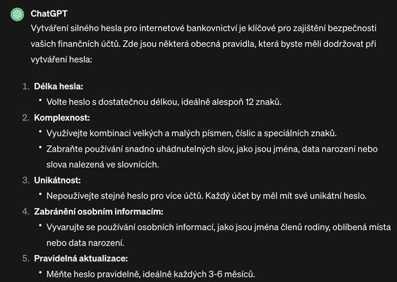 Heslo do internetového bankovnictví - ChatGPT