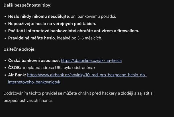 Heslo do internetového bankovnictví - Gemini