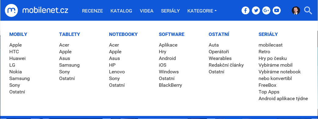 Hlavní menu mobilenet.cz