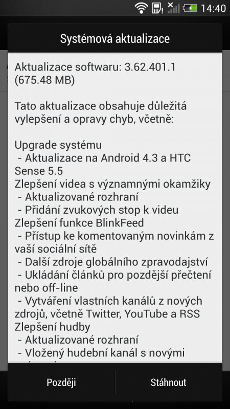 HTC One (aktualizace na Android 4.3)