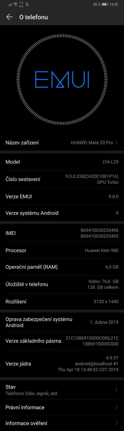 Huawei Mate 20 Pro rolující screenshot