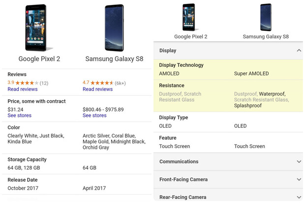 Google vyhledávání vás brzy nechá porovnávat telefony