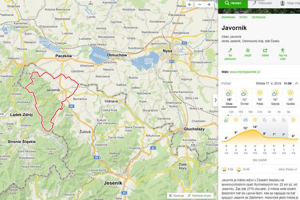 Mapy.cz rovnou prozradí, jaké počasí bude v cíli trasy, data čerpají od Windy.com