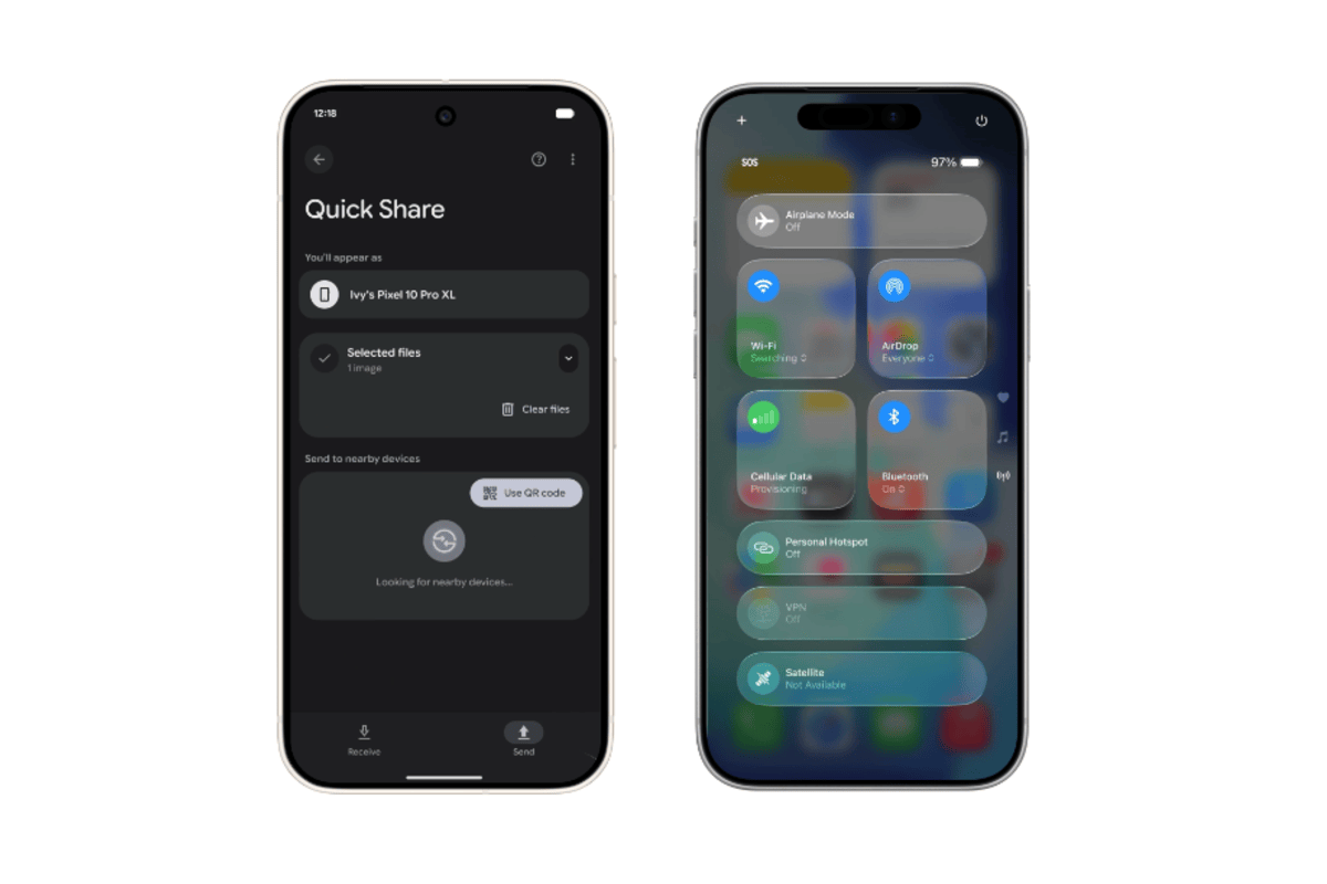 Teléfono Android y iPhone intercambiando archivos de forma inalámbrica con Quick Share