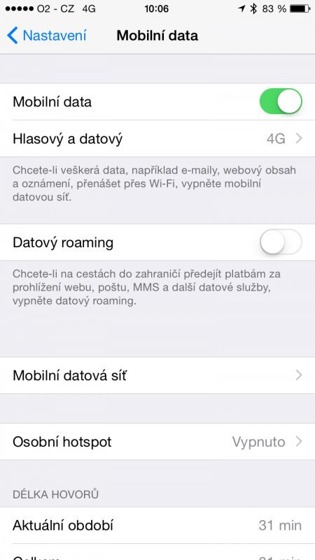 iOS - nastavení roamingu