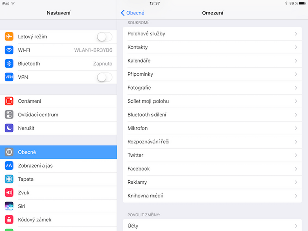 iOS Omezení – Soukromí