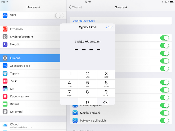 iOS Omezení – vypnout