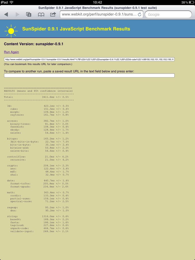 iPad - benchmark prohlížeče, testování JS na SunSpider