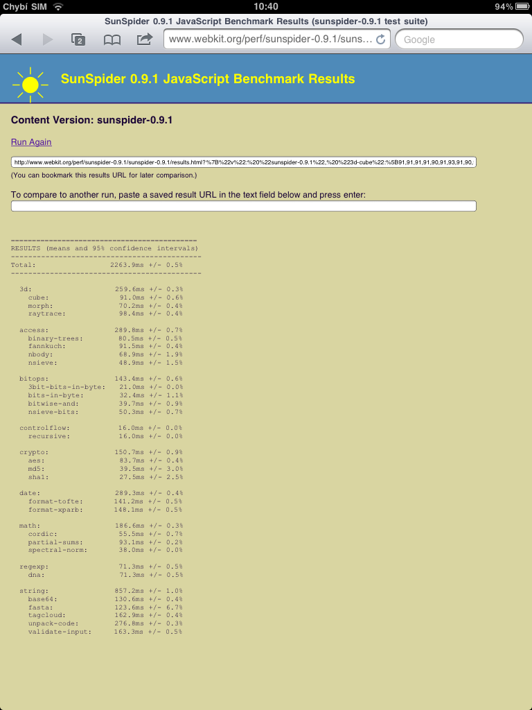 iPad2 - benchmark prohlížeče, testování JS na SunSpider
