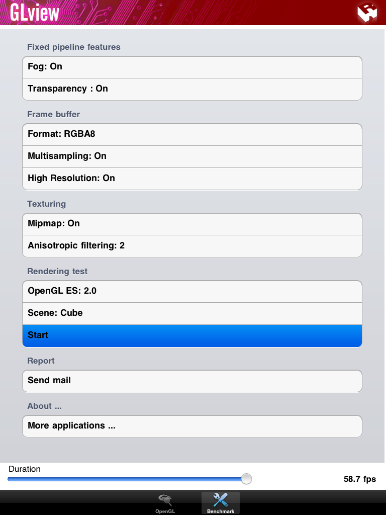 iPad2 - GLView Benchmark, Cube