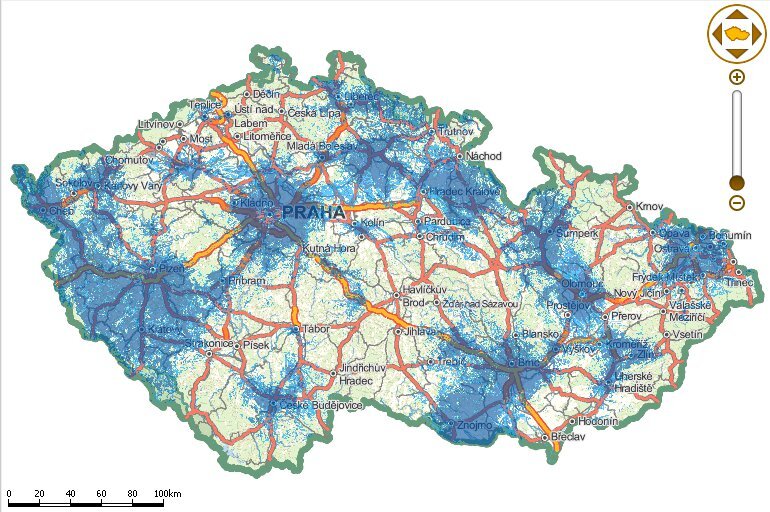 Mapa pokrytí pásma 800 MHz Vodafone
