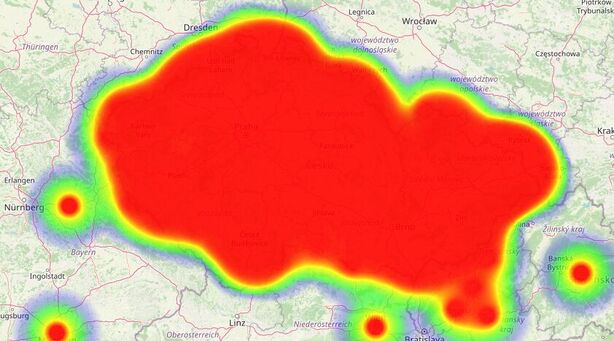 Mapa postižených míst aktuálním výpadkem O2