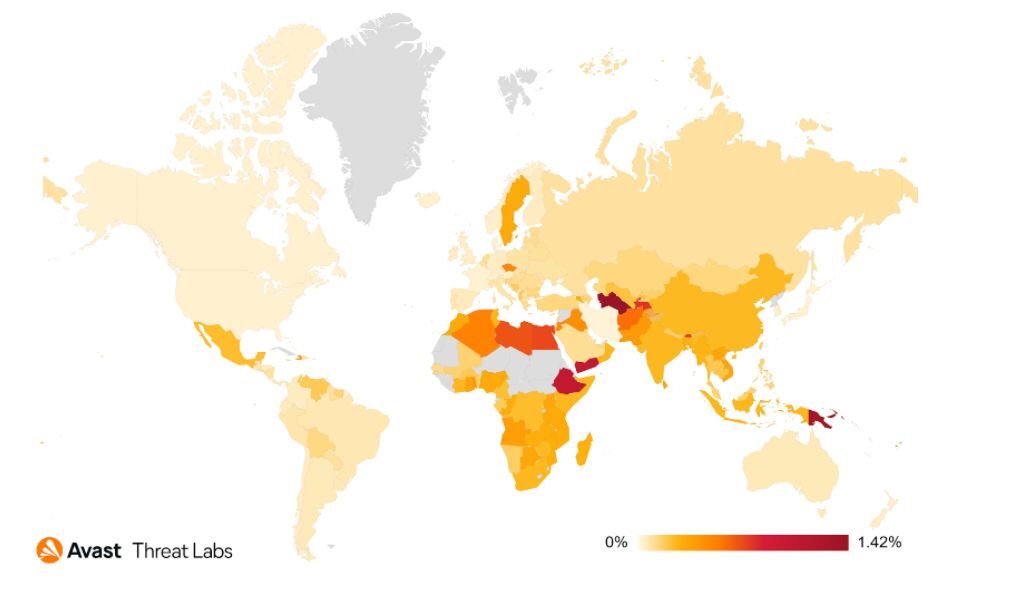 Mapa ukazuje míru rizika uživatelů ochráněných před ransomwarem ve 3. čtvrtletí 2021