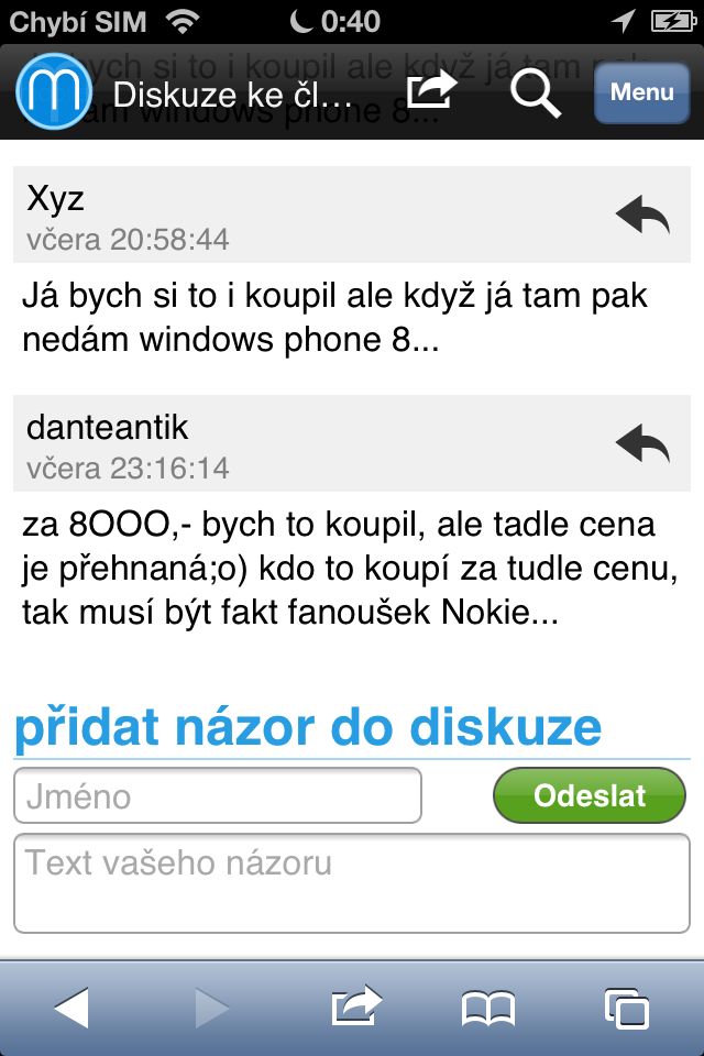 mobilní verze mobilenet.cz