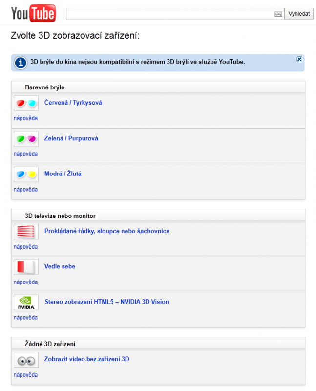 Možnosti zobrazení 3D na YouTube
