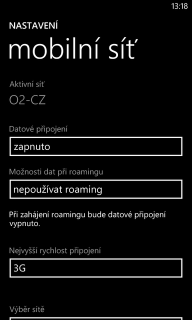 nastavení Mobilní sítě