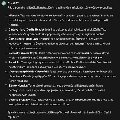 Netradiční místa v ČR podle ChatGPT