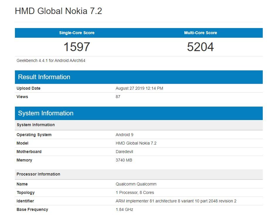 Nokia 7.2 GeekBench