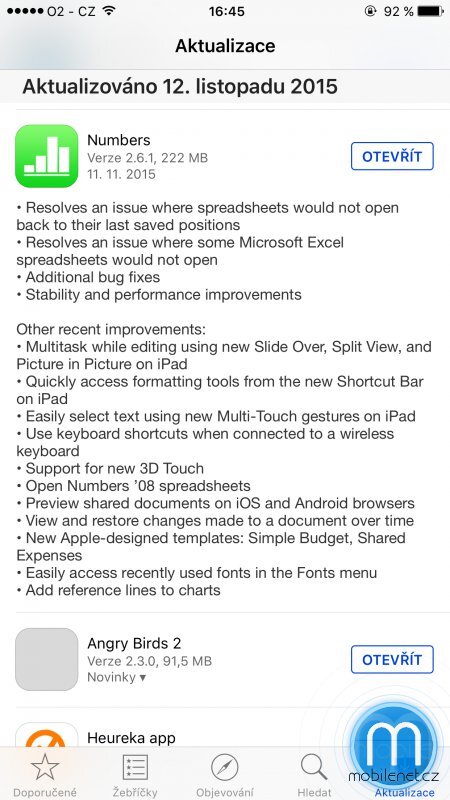 Numbers aktualizace
