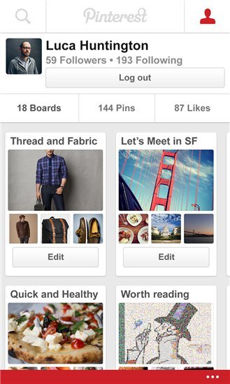 Pinterest BETA pro Windows Phone