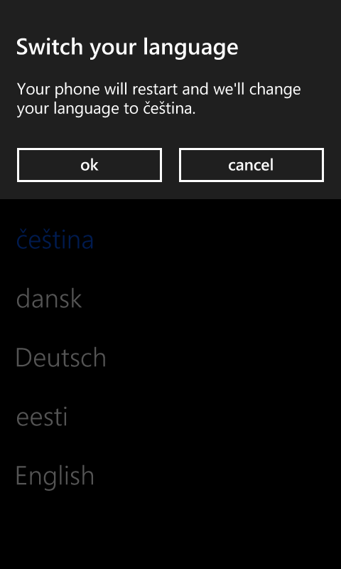 Po změně jazyka je třeba telefon restartovat