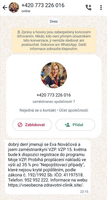 Podvodná zpráva ve WhatsAppu zdánlivě od Všeobecné zdravotní pojišťovny