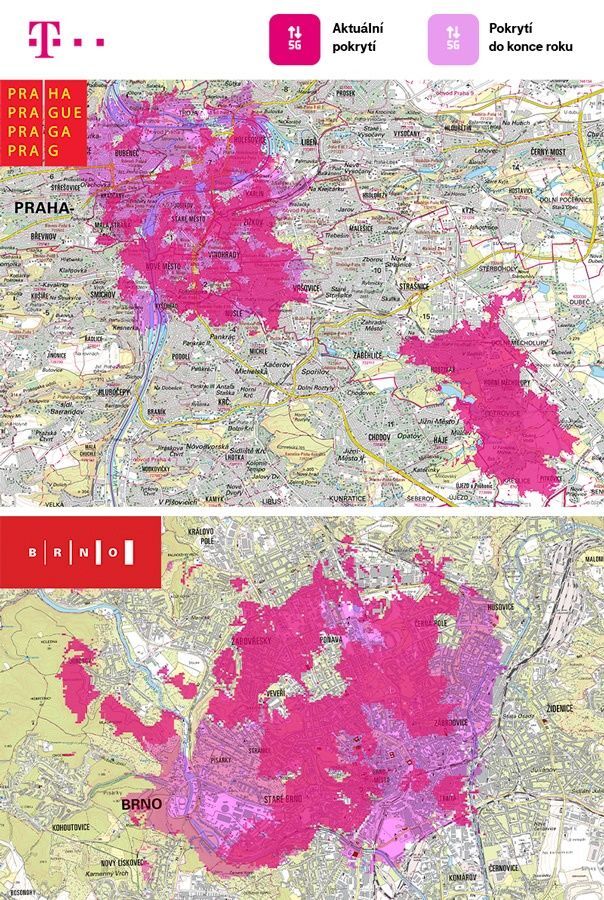 Pokrytí v Praze a Brně signálem 5G k 1. listopadu 2020