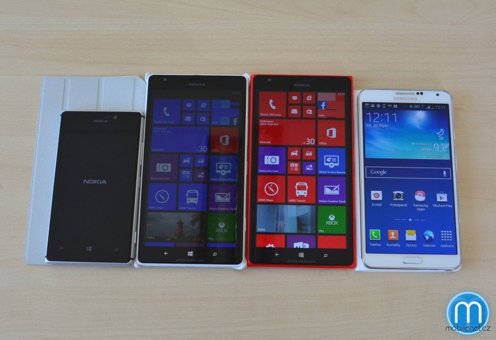 Porovnání velikostí Lumie 1520, Samsung Galaxy Note 3 a Nokie Lumia 925