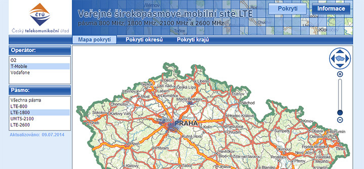 Portál ČTÚ ke sledování pokrytí LTE