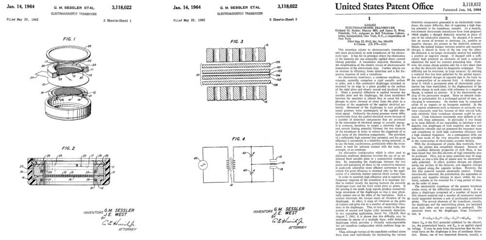 První strana amerického patentu elektretového mikrofonu