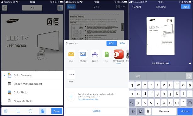 Scanner Pro a jeho uživatelské rozhraní a možnosti sdílení