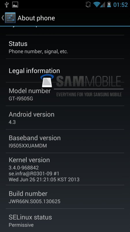Screenshot informací o telefonu s Androidem 4.3