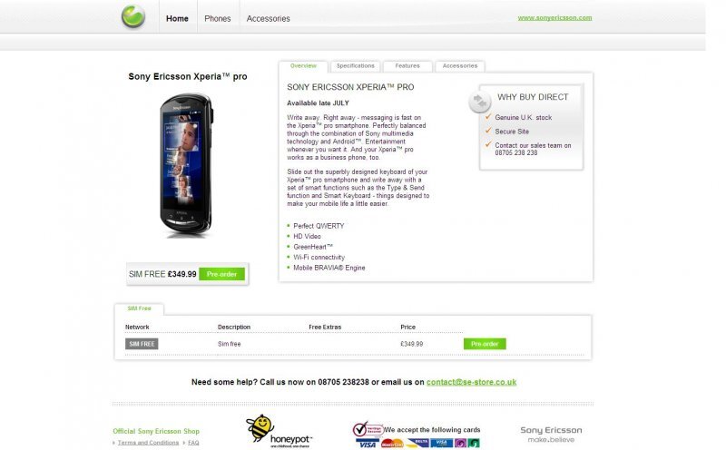 Sony Ericsson Xperia pro UK pre order