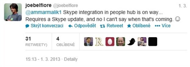 Tweet Joea Belfiore k integraci Skypu