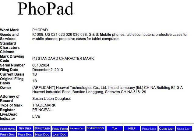Tzv. PhoPad, nově zaregistrovaná značka Huaweie 